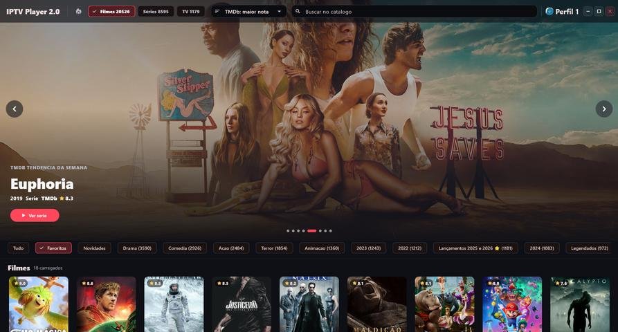 Interface do IPTV Player 2.0 exibindo uma biblioteca visual organizada