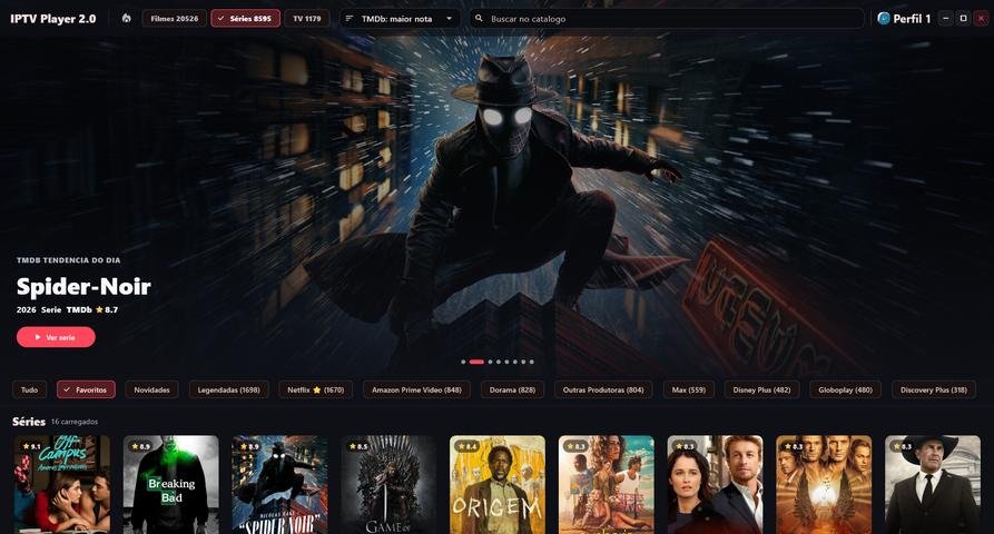 Detalhe da interface do IPTV Player 2.0 com ficha visual, elenco e títulos semelhantes